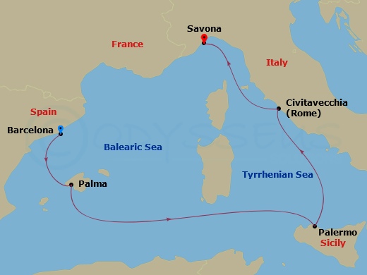 Costa Smeralda - 5 Night - Western Mediterranean from Barcelona - Costa Smeralda - Starting in Barcelona, Palma De Mallorca, Palermo, Civitavecchia, Savona itinerary map