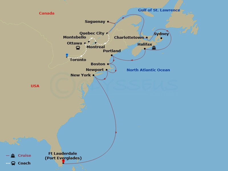 Caribbean Princess Cruise Tours - 18 Night - Maple Explorer - Tour 2B - Caribbean Princess Cruise Tours - Starting in Toronto, Canada, Ottawa, Canada, Montebello, Canada, Montreal, Canada, Que.. itinerary map