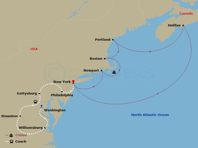 Regal Princess Cruise Tours - 14 Night - Historic America - Tour 1A - Regal Princess Cruise Tours - Starting in Washington DC, Williamsburg, Virginia, Staunton, Virginia, Gettysburg, Penns.. itinerary map