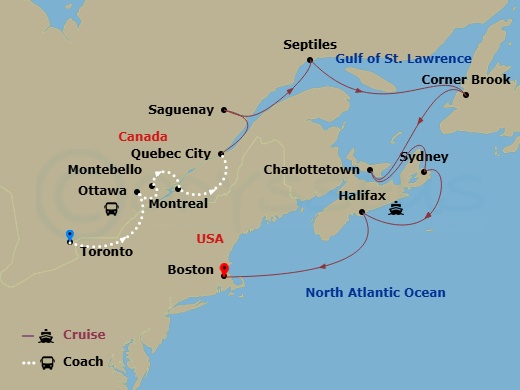 Caribbean Princess Cruise Tours - 16 Night - Maple Explorer - Tour 2A - Caribbean Princess Cruise Tours - Starting in Toronto, Canada, Ottawa, Canada, Montebello, Canada, Montreal, Canada, Que.. itinerary map
