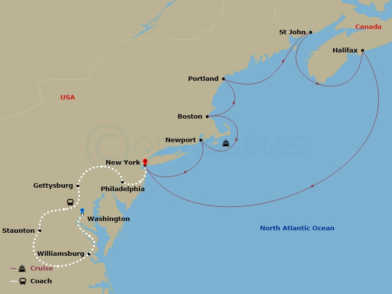 Regal Princess Cruise Tours - 14 Night - Historic America - Tour 1A - Regal Princess Cruise Tours - Starting in Washington DC, Williamsburg, Virginia, Staunton, Virginia, Gettysburg, Penns.. itinerary map
