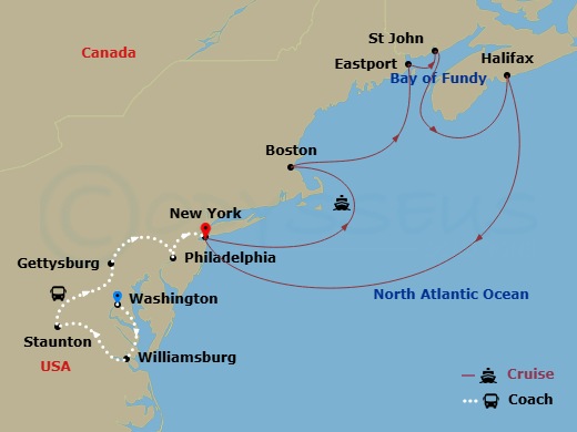 Regal Princess Cruise Tours - 14 Night - Historic America - Tour 1A - Regal Princess Cruise Tours - Starting in Washington DC, Williamsburg, Virginia, Staunton, Virginia, Gettysburg, Penns.. itinerary map