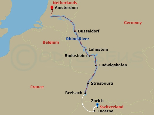 AmaFiora Cruise Tours - 11 Night - Enchanting Rhine with Zurich, Lake Lucerne Pre-Cruise - AmaFiora Cruise Tours - Starting in Zurich, Lucerne, Breisach, Strasbourg, Ludwigshafen, Ru.. itinerary map