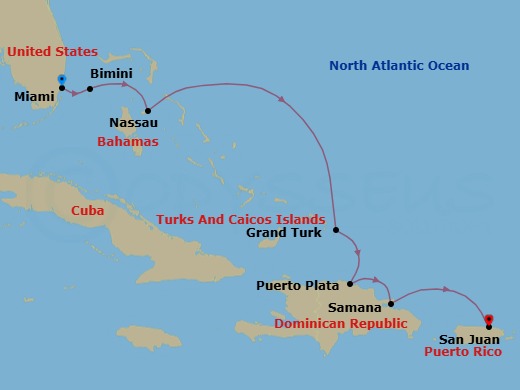 7 Night - Miami, Florida / San Juan - Ilma - Starting in Miami, Florida, Bimini, Nassau, Grand Turk, Puerto Plata, Dominican Republic, Samana, San Juan itinerary map