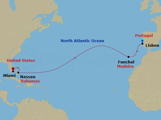 13 Night - Lisbon / Miami, Florida - Ilma - Starting in Lisbon, Funchal, Madeira, Nassau, Miami, Florida itinerary map