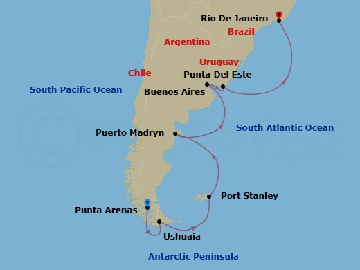 16 Night - Penguins & Patagonia - Oceania Sirena - Starting in Punta Arenas, Ushuaia, Cruising the Antarctic Peninsula, Port Stanley, Falkland Islands, Puerto Madryn, Buenos Aires, Punta Del Este, Rio De Janeiro itinerary map