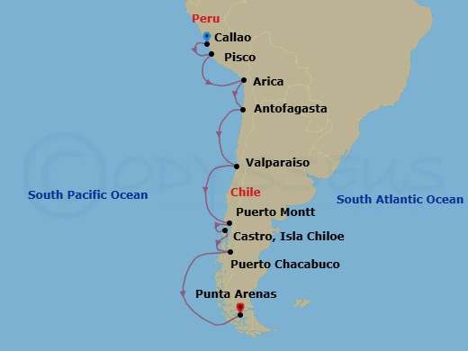 14 Night - Chilean Heritage & Fjords - Oceania Sirena - Starting in Lima / Machu Picchu (Callao), Pisco / Nazca Lines, Arica, Antofagasta, Santiago De Chile (Valparaiso), Puerto Montt, Castro, Puerto Chacabuco, Cruising Chilean Fjords, Punta Arenas itinerary map