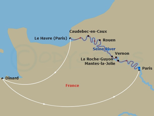 AmaDante Cruise Tours - 13 Night - Impressions of the Seine & Paris with Paris Pre-Cruise and Dinard, Paris Charles De Gaulle Post-Cruise - AmaDante Cruise Tours - Starting in Paris,.. itinerary map