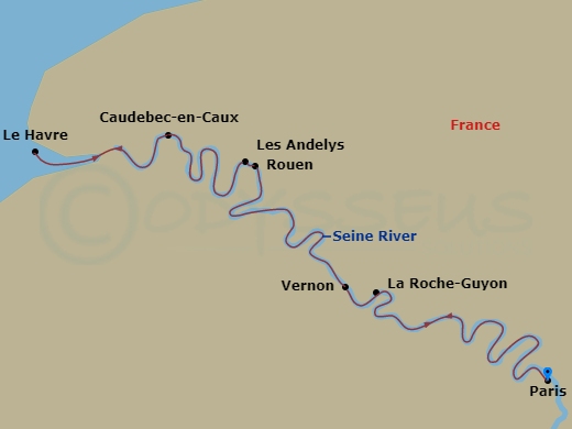 AmaLyra - 7 Night - Paris & Normandy (Wine Modified) - AmaLyra - Starting in Paris, Les Andelys, Le Havre, Caudebec-en-Caux, Rouen, Vernon, La Roche-Guyon, Paris itinerary map