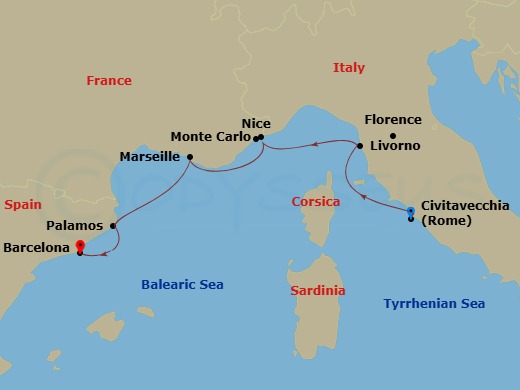 Azamara Onward - 7 Night - Italy, France & Spain Cruise : Florence, Nice & Barcelona - Azamara Onward - Starting in Rome (Civitavecchia), Florence / Pisa (Livorno), Monte Carl.. itinerary map
