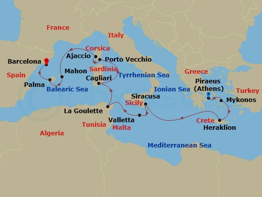 Azamara Journey - 12 Night - Best of the Mediterranean Cruise : Crete, Sicily, Corsica & Majorca - Azamara Journey - Starting in Athens (Piraeus), Mykonos, Heraklion, (Crete),.. itinerary map