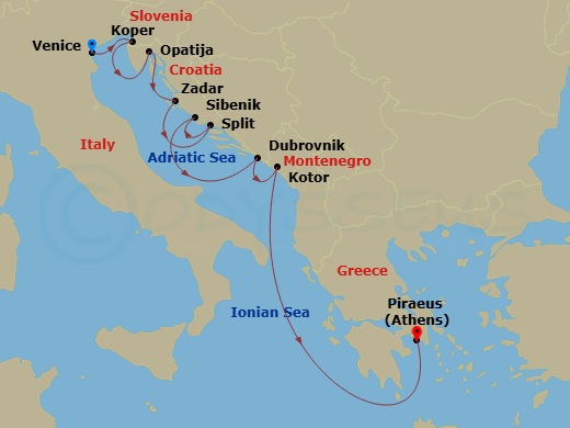 Azamara Journey - 9 Night - Croatia Intensive Cruise : Zadar, Split & Dubrovnik - Azamara Journey - Starting in Venice, Koper, Opatija, Zadar, Split, Sibenik, Dubrovnik, Croati.. itinerary map