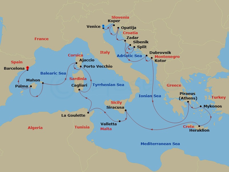 Azamara Journey - 21 Night - Italy & Spain Cruise : Dubrovnik, Mykonos & Valletta - Azamara Journey - Starting in Venice, Koper, Opatija, Zadar, Split, Sibenik, Dubrovnik, Croa.. itinerary map