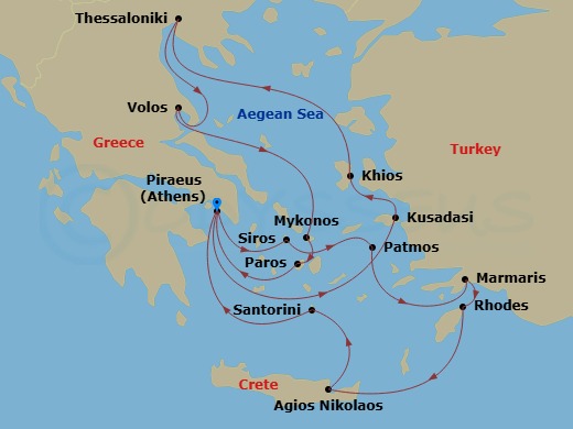 Azamara Onward - 14 Night - Greece Intensive Cruise : Volos, Mykonos & Santorini - Azamara Onward - Starting in Athens (Piraeus), Ephesus (Kusadasi), Chios, Thessaloniki, Volo.. itinerary map