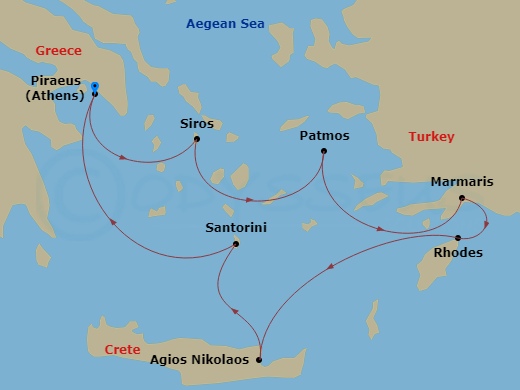 Azamara Onward - 7 Night - Greece Intensive Cruise : Patmos, Rhodes & Crete - Azamara Onward - Starting in Athens (Piraeus), Syros, Patmos, Marmaris, Rhodes, Agios Nikolaos, (.. itinerary map