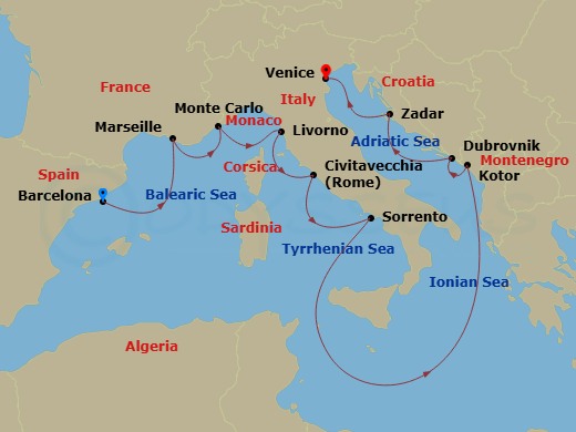Azamara Journey - 11 Night - Best of the Mediterranean Cruise : Monte Carlo, Florence & Dubrovnik - Azamara Journey - Starting in Barcelona, Provence (Marseille), Monte Carlo,.. itinerary map