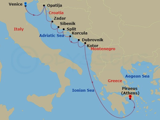 Azamara Onward - 9 Night - Croatia Intensive Cruise : Zadar, Split & Dubrovnik - Azamara Onward - Starting in Venice, Opatija, Zadar, Sibenik, Split, Korcula, Dubrovnik, Croat.. itinerary map