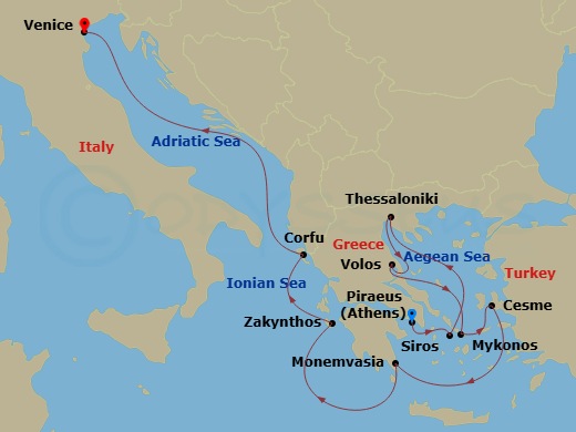 Azamara Onward - 10 Night - Greece Intensive Cruise : Thessaloniki, Mykonos & Corfu - Azamara Onward - Starting in Athens (Piraeus), Syros, Thessaloniki, Volos, Mykonos, Cesme.. itinerary map