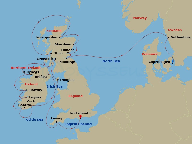 Azamara Journey - 23 Night - Scotland & Ireland Cruise : Aberdeen, Dublin & Belfast - Azamara Journey - Starting in Copenhagen, Gothenburg, Leith (Edinburgh), Scotland, Dundee,.. itinerary map
