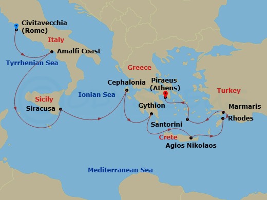 Azamara Onward - 9 Night - Italy & Greece Cruise : Amalfi, Crete & Santorini - Azamara Onward - Starting in Rome (Civitavecchia), Amalfi, Siracusa, Sicily, Argostoli, Gythion,.. itinerary map