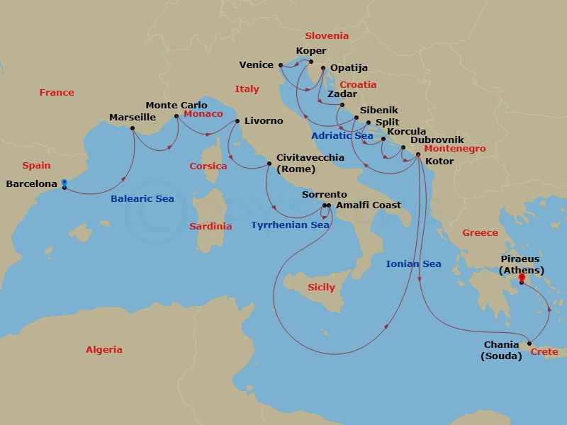 Azamara Onward - 21 Night - France, Italy & Croatia Cruise : Marseille, Sorrento & Split - Azamara Onward - Starting in Barcelona, Provence (Marseille), Monte Carlo, Florence.. itinerary map