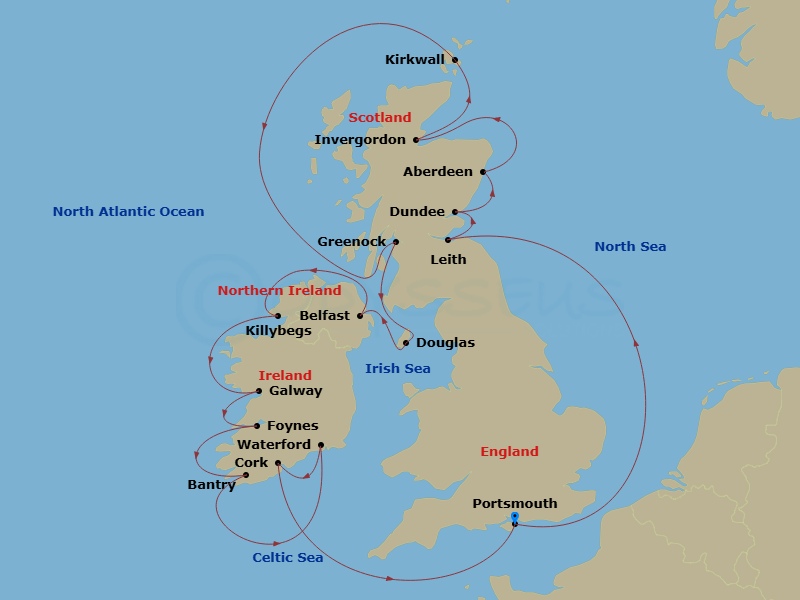 Azamara Journey - 22 Night - Scotland & Ireland Cruise : Edinburgh, Dublin & Belfast - Azamara Journey - Starting in Portsmouth UK, Leith (Edinburgh), Scotland, Dundee, Scotlan.. itinerary map