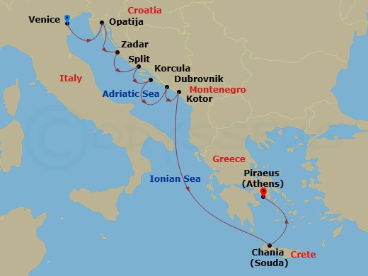 Azamara Onward - 9 Night - Croatia Intensive Cruise : Zadar, Split & Dubrovnik - Azamara Onward - Starting in Venice, Opatija, Zadar, Split, Korcula, Dubrovnik, Croatia, Kotor.. itinerary map