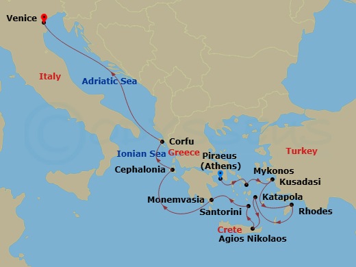 Azamara Onward - 11 Night - Greece Intensive Cruise : Mykonos, Rhodes & Crete - Azamara Onward - Starting in Athens (Piraeus), Mykonos, Ephesus (Kusadasi), Rhodes, Amorgos, Ag.. itinerary map