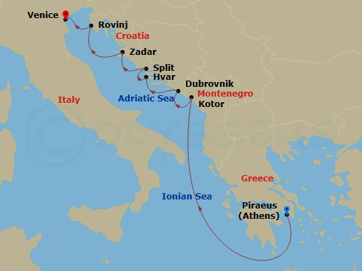 Azamara Onward - 8 Night - Croatia Intensive Cruise : Dubrovnik, Split & Zadar - Azamara Onward - Starting in Athens (Piraeus), Kotor, Dubrovnik, Croatia, Hvar, Split, Zadar,.. itinerary map