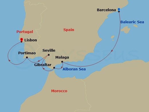 Azamara Journey - 7 Night - Spain & Portugal Cruise : Barcelona, Seville & Lisbon - Azamara Journey - Starting in Barcelona, Malaga, Gibraltar, Seville, Portimao, Lisbon itinerary map