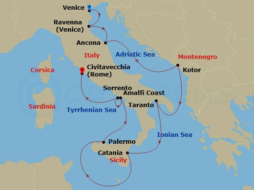 Azamara Journey - 10 Night - Italy Intensive Cruise : Venice, Sicily & Amalfi - Azamara Journey - Starting in Venice, Bologna (Ravenna), Ancona, Kotor, Taranto, Catania, (Sicil.. itinerary map