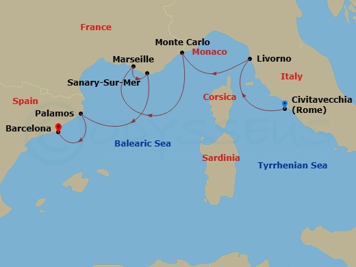Azamara Journey - 7 Night - Italy, France & Spain Cruise : Rome, Florence & Barcelona - Azamara Journey - Starting in Rome (Civitavecchia), Florence / Pisa (Livorno), Monte Car.. itinerary map