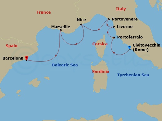Azamara Onward - 7 Night - Italy, France & Spain Cruise : Florence, Nice & Barcelona - Azamara Onward - Starting in Rome (Civitavecchia), Portoferraio (Elba), Florence / Pisa.. itinerary map