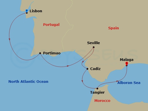 Azamara Journey - 7 Night - Portugal, Spain & Morocco Cruise : Lisbon, Seville & Tangier - Azamara Journey - Starting in Lisbon, Portimao, Seville, Cadiz, Tangier, Malaga itinerary map