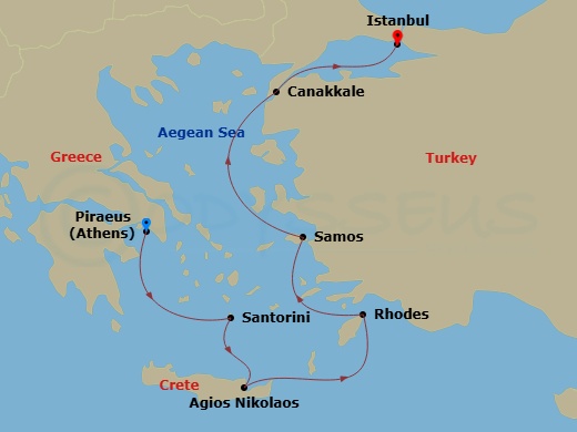 Azamara Onward - 6 Night - Greece Intensive Cruise : Santorini, Crete & Rhodes - Azamara Onward - Starting in Athens (Piraeus), Santorini, Agios Nikolaos, (Crete), Rhodes, Sam.. itinerary map