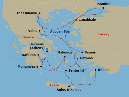 Azamara Onward - 14 Night - Greece Intensive Cruise : Santorini, Volos & Mykonos - Azamara Onward - Starting in Athens (Piraeus), Santorini, Agios Nikolaos, (Crete), Rhodes, S.. itinerary map