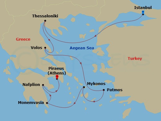 Azamara Onward - 8 Night - Greece Intensive Cruise : Thessaloniki, Patmos & Mykonos - Azamara Onward - Starting in Istanbul, Thessaloniki, Volos, Patmos, Mykonos, Monemvasia,.. itinerary map