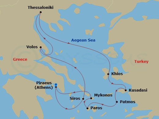 Azamara Onward - 10 Night - Greece Intensive Cruise : Thessaloniki, Patmos & Mykonos - Azamara Onward - Starting in Athens (Piraeus), Syros, Volos, Thessaloniki, Chios, Ephesu.. itinerary map
