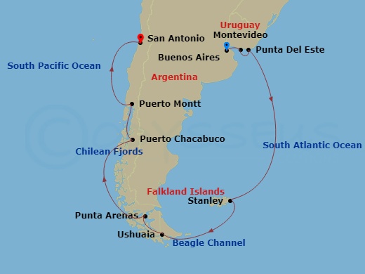 Azamara Journey - 21 Night - Antarctica & Chilean Fjords Cruise : Buenos Aires, Ushuaia & Santiago - Azamara Journey - Starting in Buenos Aires, Montevideo, Punta Del Este, Por.. itinerary map