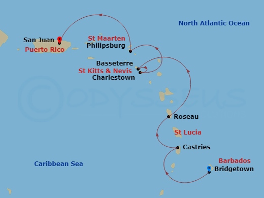 Azamara Journey - 6 Night - Eastern Caribbean Cruise : Saint Lucia, Dominica & Sint Maarten - Azamara Journey - Starting in Bridgetown, Castries, Roseau, Basseterre, St Kitts,.. itinerary map