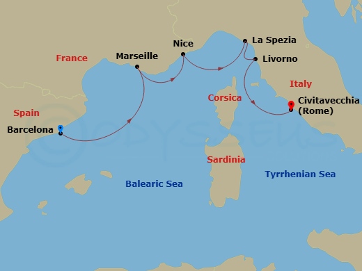Azamara Onward - 7 Night - France & Italy Cruise : Marseille, Nice, & Florence - Azamara Onward - Starting in Barcelona, Provence (Marseille), Nice, La Spezia, Florence / Pisa.. itinerary map