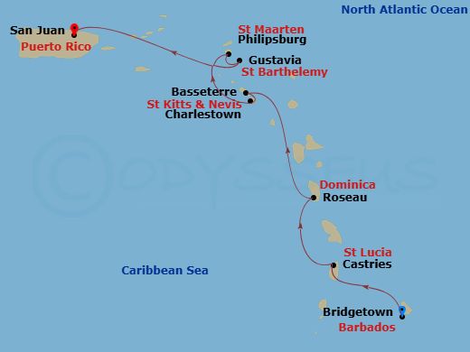 Azamara Journey - 7 Night - Eastern Caribbean Cruise : Saint Kitts, Nevis & Saint Barthelemy - Azamara Journey - Starting in Bridgetown, Castries, Roseau, Basseterre, St Kitts,.. itinerary map