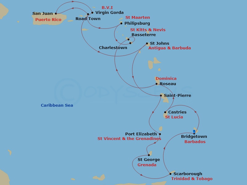 Azamara Journey - 14 Night - Caribbean Cruise : Barbados, St. Lucia & St. Kitts - Azamara Journey - Starting in Bridgetown, Castries, Roseau, Basseterre, St Kitts, Charlestown,.. itinerary map
