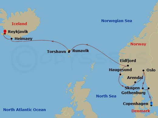 Azamara Journey - 12 Night - Norway, Iceland & Faroe Islands Cruise : Oslo, Torshavn & Reykjavik - Azamara Journey - Starting in Copenhagen, Gothenburg, Skagen, Oslo, Arendal,.. itinerary map
