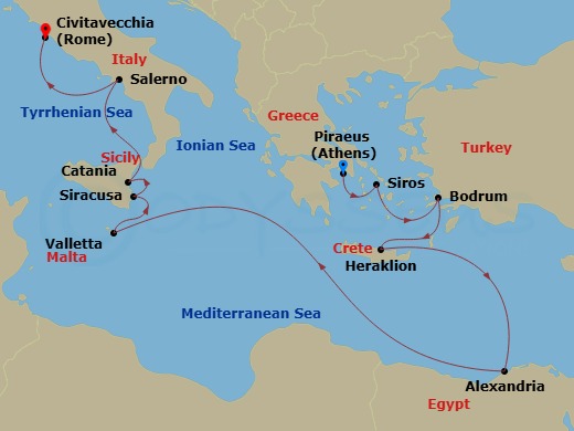 Azamara Onward - 14 Night - Egypt, Malta & Italy Cruise : Alexandria, Valletta & Amalfi - Azamara Onward - Starting in Athens (Piraeus), Syros, Bodrum, Heraklion, (Crete), Ale.. itinerary map