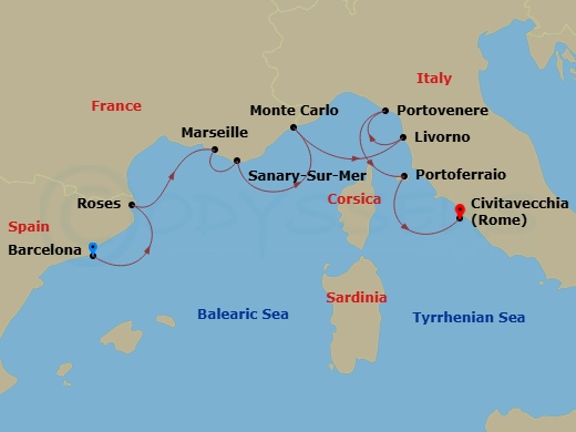 Azamara Onward - 9 Night - Italy, France & Spain Cruise : Rosas, Marseille & Florence - Azamara Onward - Starting in Barcelona, Rosas, Provence (Marseille), Sanary-sur-mer, Mo.. itinerary map