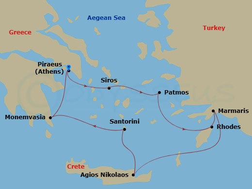 Azamara Onward - 8 Night - Greece Intensive Cruise : Syros, Patmos & Santorini - Azamara Onward - Starting in Athens (Piraeus), Syros, Patmos, Rhodes, Marmaris, Agios Nikolaos.. itinerary map