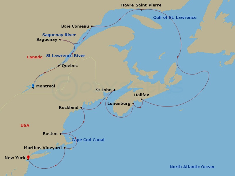 Azamara Journey - 12 Night - Canada & New England Cruise : Quebec, Lunenburg & Martha's Vineyard - Azamara Journey - Starting in Montreal, Quebec, Quebec City, Quebec, Scenic C.. itinerary map