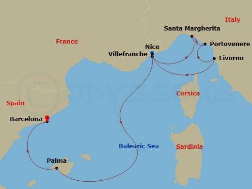 Azamara Journey - 8 Night - Grand Prix Cruise : Nice, Portofino & Florence - Azamara Journey - Starting in Nice, Portofino (Santa Margherita), Porto Venere, Florence / Pisa (Li.. itinerary map