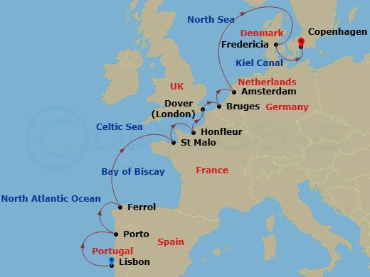 Azamara Journey - 13 Night - Portugal, France & Germany Cruise : Porto, Honfleur & Hamburg - Azamara Journey - Starting in Lisbon, Porto (Leixoes), Ferrol, Saint-malo, Honfleur.. itinerary map